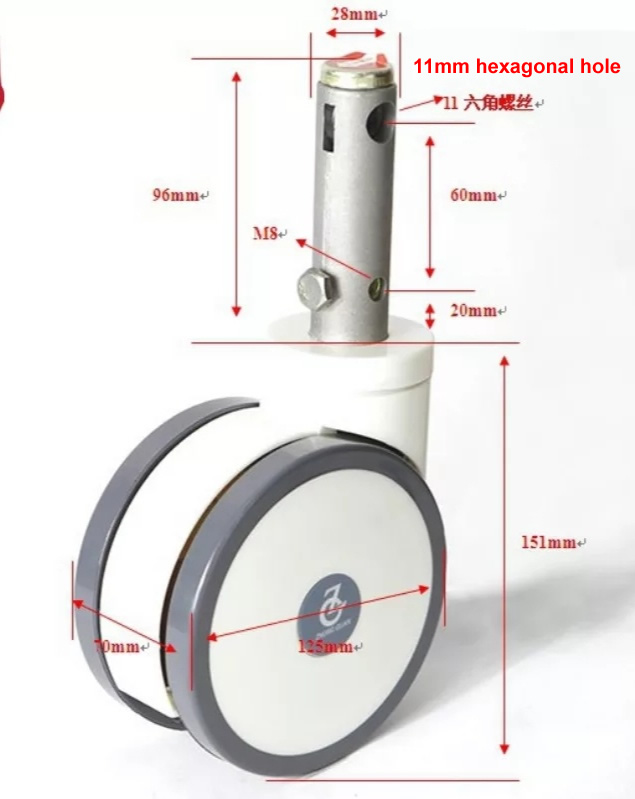 Medical bed Casters ,medical caster, 5inch 125mm,Plunge Double disc wheel,With central lock Precision instrument mute