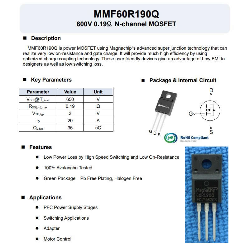 MMF60R190Q 60R190Q TO-220F 600V 0.19Ω N-channel MOSFET 5PCS/LOT